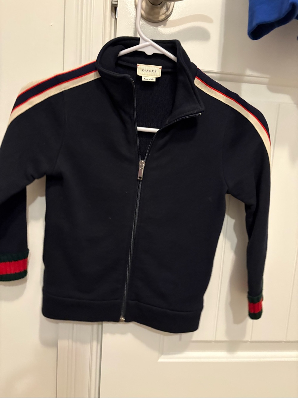 Gucci Kids Navy Track Jacket with Red, Cream & Green Stripe Accents